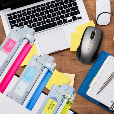 Office supplies flat lay